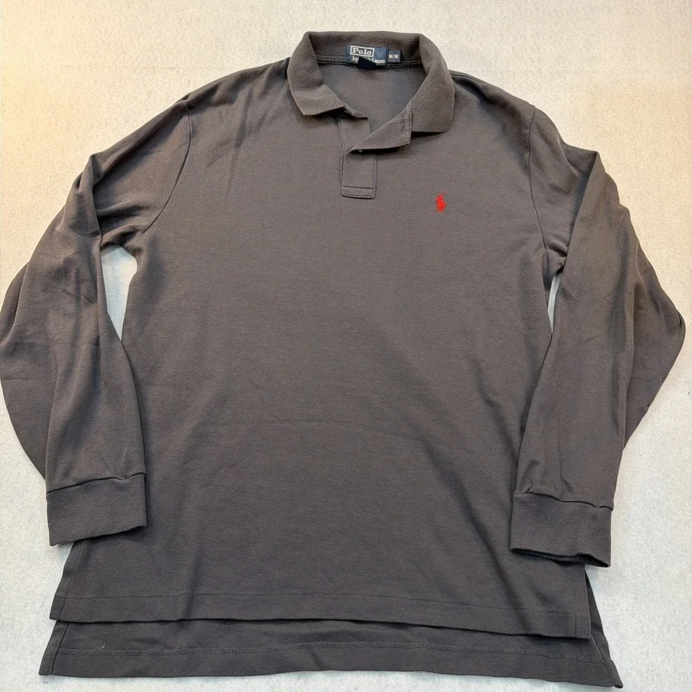Polo Ralph Lauren Grey Size Medium Long‎ Sleeve Polo Shirt Red Logo